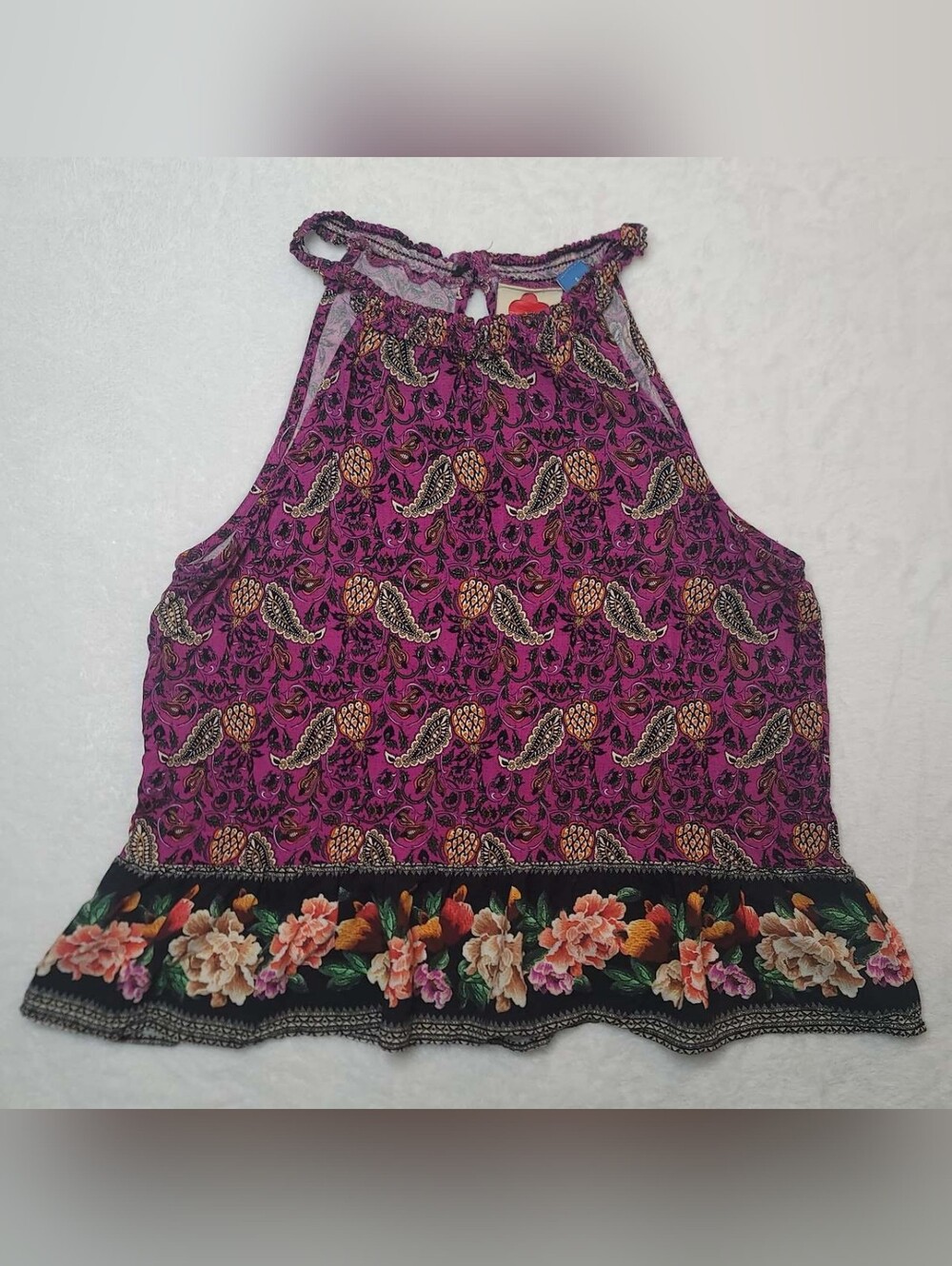 Farm Rio Mikah Halter Top Sz Small Floral Blouse Viscose Flounced Hem Colorful